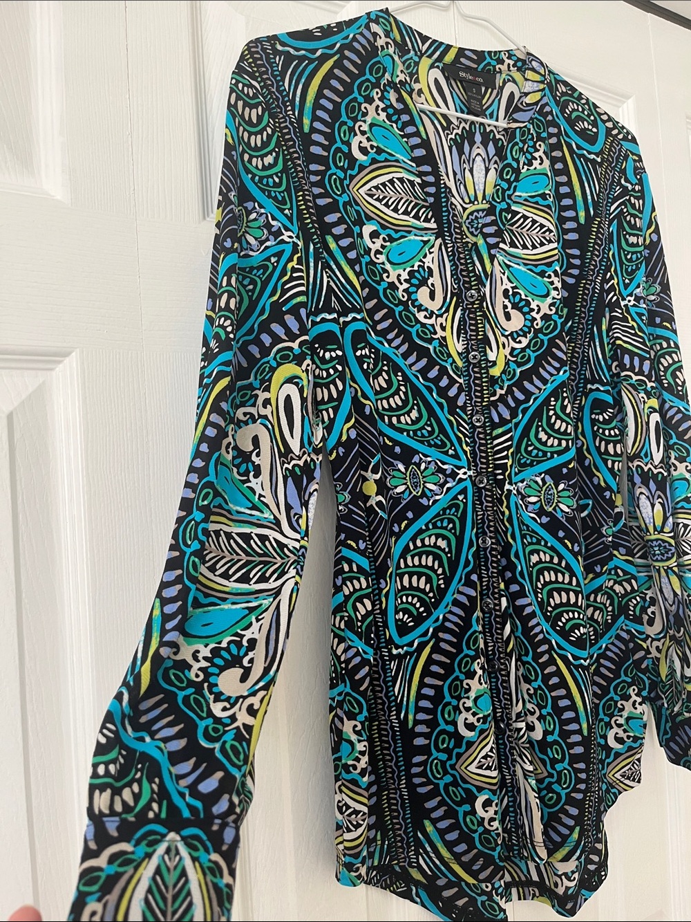 Style & Co. Teal Blue Black Printed V-Neck Tunic - Picture 2 of 5